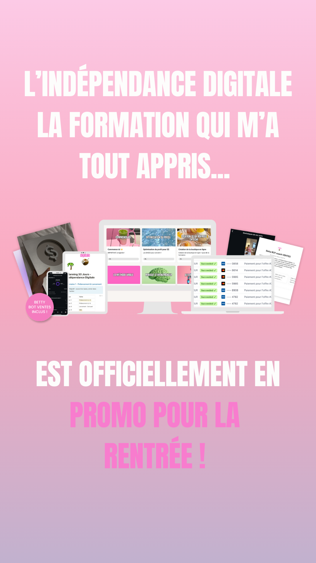 Aperçu de l'espace de formation L'Indépendance Digitale sur ordinateur, tablette et téléphone